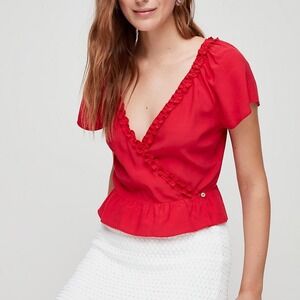 Wilfred Red Ruffle Wrap Peplum Blouse Short Sleeve V Neck XS